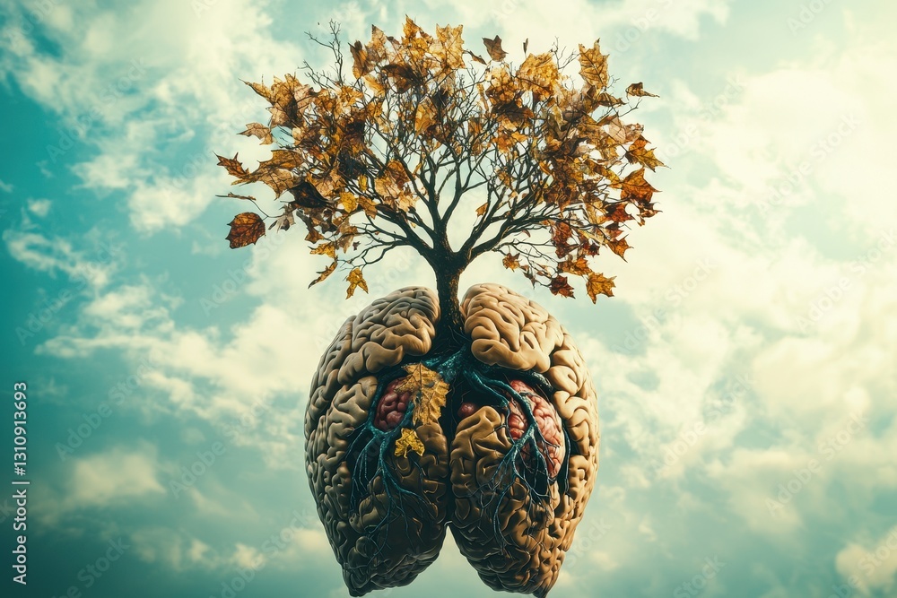 Poster a surreal depiction of a tree growing from a brain, symbolizing the connection between nature and in