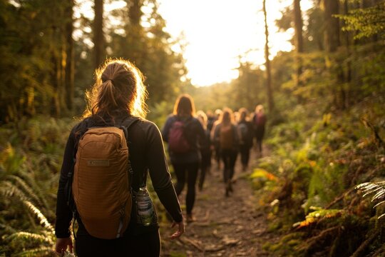 Regenerative Leadership Journey Eco-Conscious Millennials Navigating Forest Trail - Sustainable Team Building and Wellness Retreat Experience in Natural Workspace