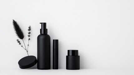 Obraz premium Minimalist Black Skincare Mockup Elegant Matte Packaging with Botanical Accent - Contemporary Wellness Branding for Urban Lifestyle Content Creation