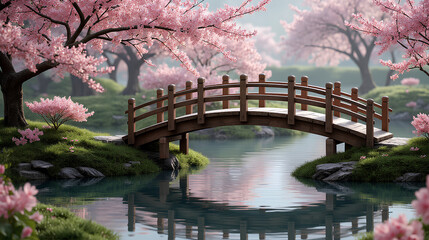 Wooden Arched Bridge Over a Tranquil Pond Surrounded by Blooming Cherry Blossom Trees with Reflections of Soft Pink Petals