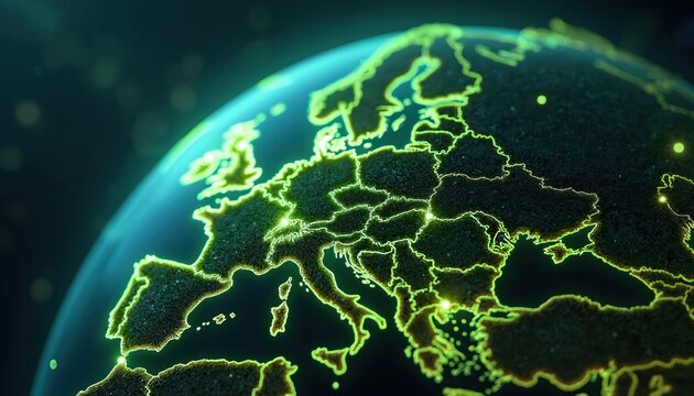 Digital globe with focus on Europe. Neon green outlines highlight countries and connections representing carbon credit markets, investments into sustainable energy projects and green tech innovations.