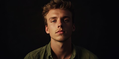 Obraz premium Intense Portrait of a Young Man in Dramatic Lighting Against a Dark Background