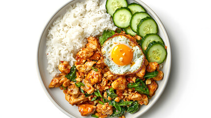 Top-Down View of Beautifully Arranged Thai Dish with Rice, Chicken, Egg, and Cucumber Slices