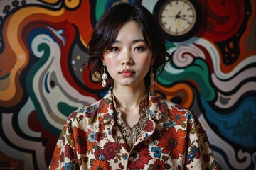 Stylish image of a woman in a floral dress against a colorful abstract background with a clock, perfect for fashion or art projects