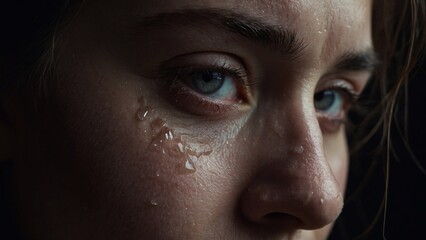 Fototapeta premium Single Tear of Sorrow - Close-up of a single tear rolling down a person's cheek, conveying sadness and emotion. Dark background emphasizes the tear