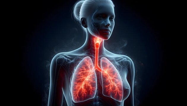 A 3D-rendered illustration of human lungs showing inflammation and constricted airways due to asthma, with a glowing red effect on the affected areas.
