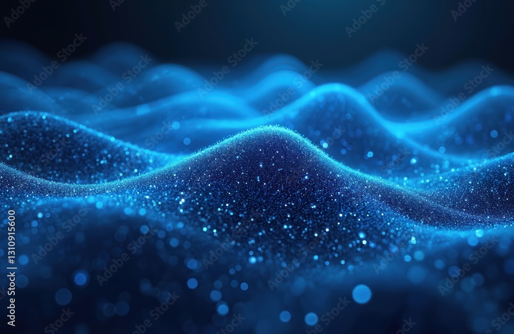 Fototapete Abstract blue energy wave with blurred bokeh lights. Dark calm indigo glitter ocean water reflection ripple. Futuristic technology data stream background with sparkling particles motion.