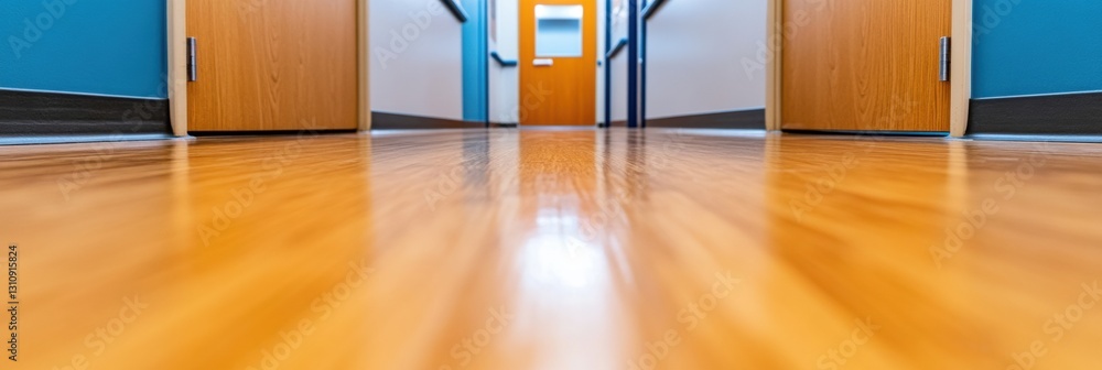 Poster minimalist hospital corridor design low-angle architectural perspective showcasing clean lines, spat