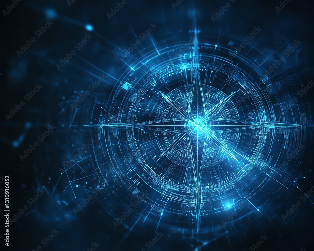 Poster abstract blue compass background with intricate geometric designs, glowing blue lines and soft gradi