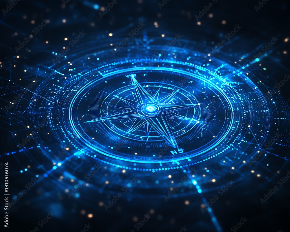 Poster abstract blue compass background with intricate geometric designs, glowing blue lines and soft gradi