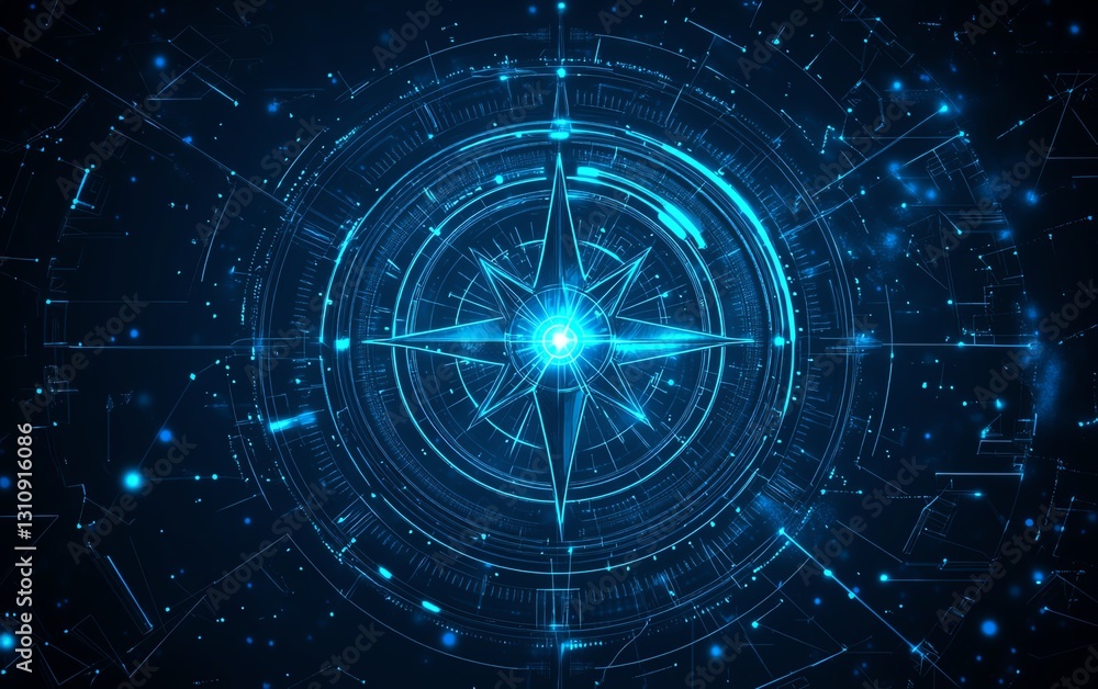 Poster abstract blue compass background with intricate geometric designs, glowing blue lines and soft gradi