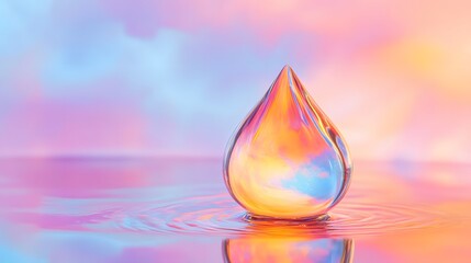 Fototapeta premium Translucent Water Droplet on Reflective Surface with Pastel Pink and Blue Background