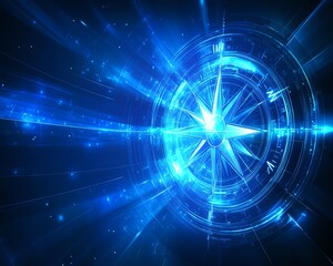 Blue compass background with glowing light trails, intricate lines representing directions, smooth gradients in shades of blue for a dynamic look