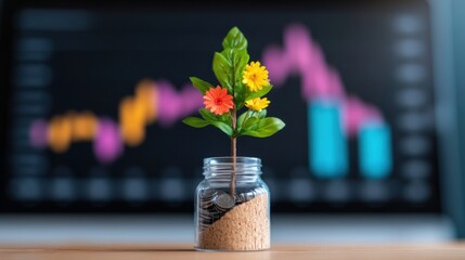 Sustainable Investment Growth Eco-Friendly Financial Strategy Visualizing Green Economy Potential with Vibrant Plant Emerging from Coin-Filled Jar Against Market Analytics Backdrop