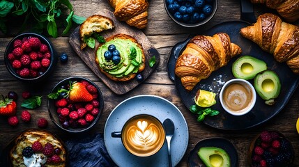 Rustic Wooden Table Breakfast Still Life with Croissants Berries and Coffee