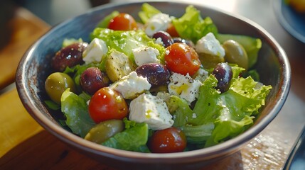 Fresh Green Salad with Feta and Olives in Rustic Bowl