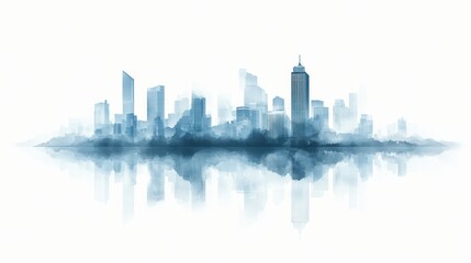 Naklejka premium Cityscape watercolor reflection, urban skyline, misty morning, calm water, design element