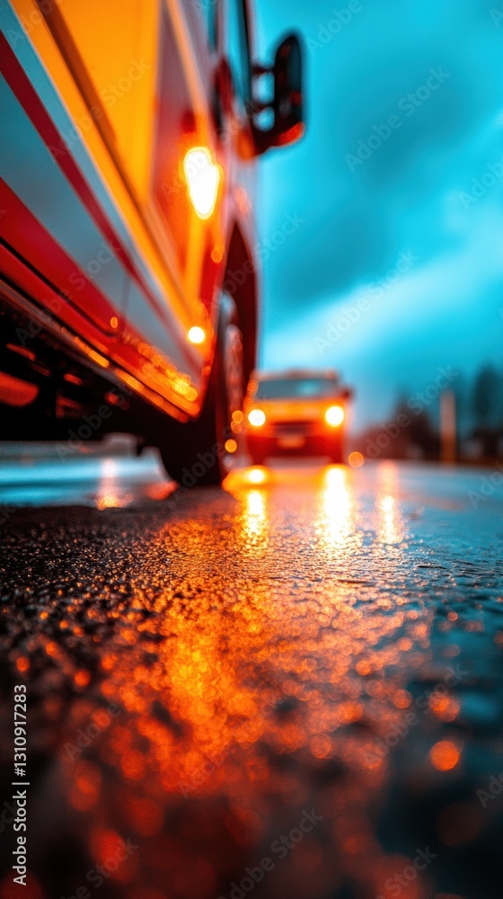 Poster Cinematic Urban Emergency Response High-Contrast Wet Road Rescue Scene with Dynamic Lighting - Immersive First Responder Visual Storytelling for Digital Media