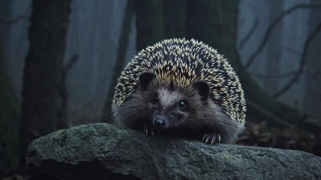 Close-up, eye-level shot of a hedgehog on a rock in a misty forest, creating a mysterious and serene video concept with a natural style.