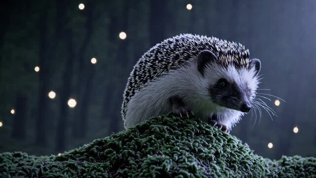 A low-angle video shot of a hedgehog on moss, surrounded by glowing lights in a mystical forest setting, creating a magical atmosphere.