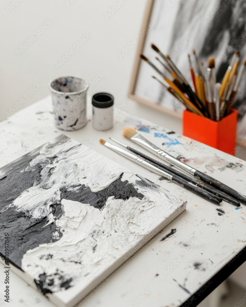 Poster minimalist creative studio textural abstract painting workspace with ergonomic tools - inspiring gen