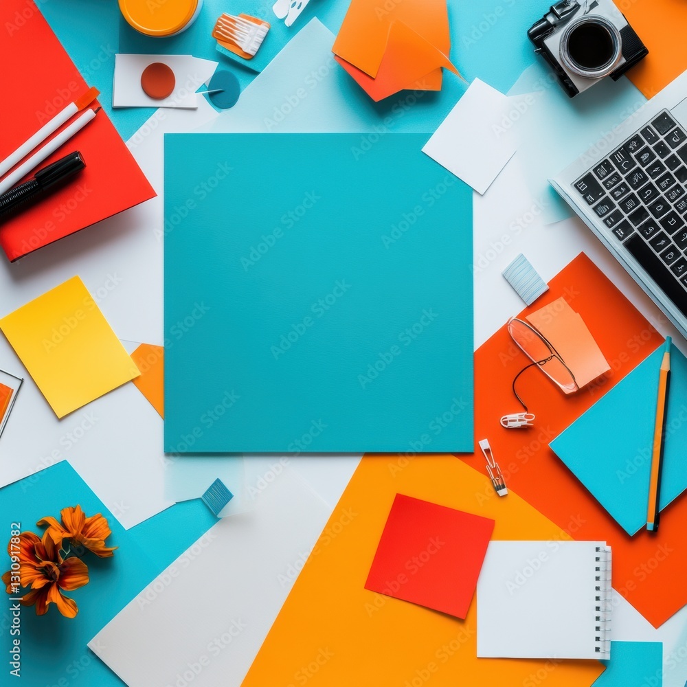 Aufkleber vibrant creative workspace dynamic flat lay design with bold color blocking, modern tech and station