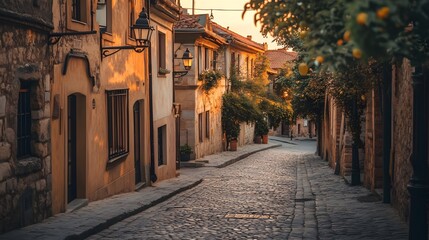 Fototapeta premium Warm Sunset Light on Cobblestone Street in Historic Town
