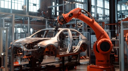 Orange Robotic Arm Assembling Silver Car Chassis in Industrial Facility