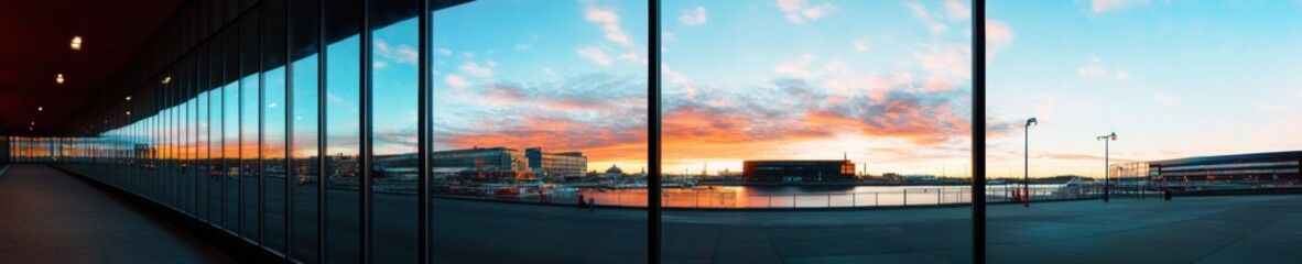 Fototapeta premium Architectural Fusion Minimalist Glass Curtain Panorama Revealing Urban Tech Innovation, Sustainable Design and Corporate Landscape Performance