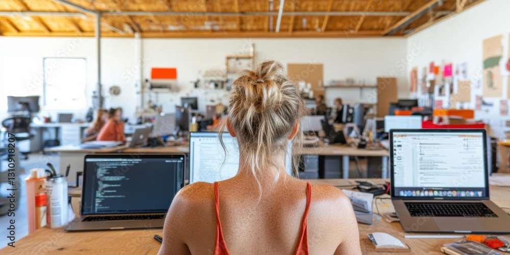 Aufkleber Hybrid Workspace Revolution Gen Z Tech Professional Embracing Flexible Design in Modern Open-Plan Innovation Hub with Natural Collaborative Aesthetics