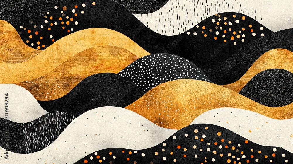 Poster this abstract artwork features flowing waves in shades of black, gold, and white, showcasing a harmo