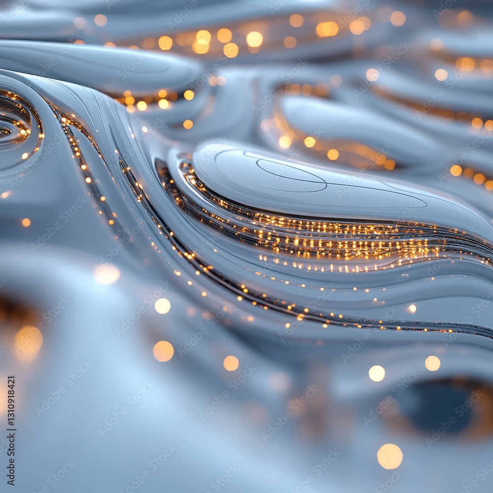 Poster an abstract digital render featuring flowing blue and gold patterns, evoking a sense of fluidity and
