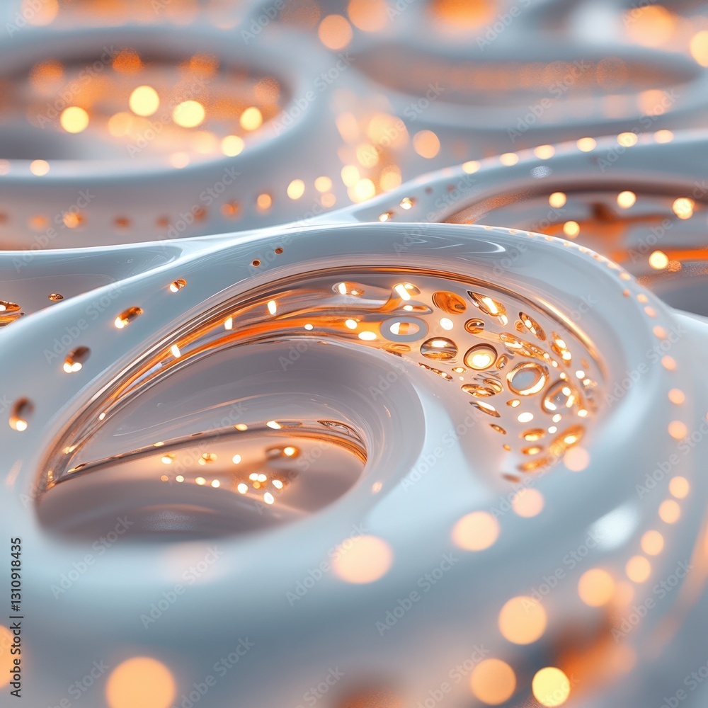 Poster intricate flowing patterns of shiny white and warm glow in abstract design, showcasing organic shape
