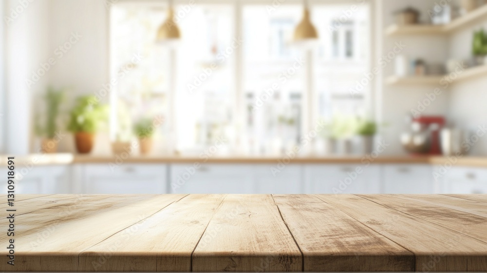 Poster natural light floods the space, highlighting a rustic wooden kitchen table against a blurred backdro