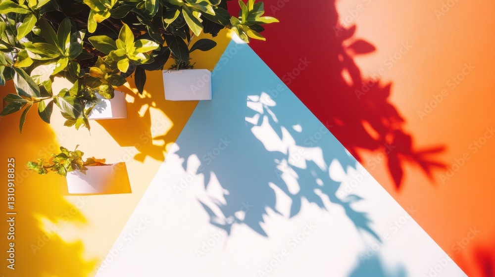 Aufkleber vibrant geometric minimalism dynamic color-block shadow play with lush botanicals - contemporary des