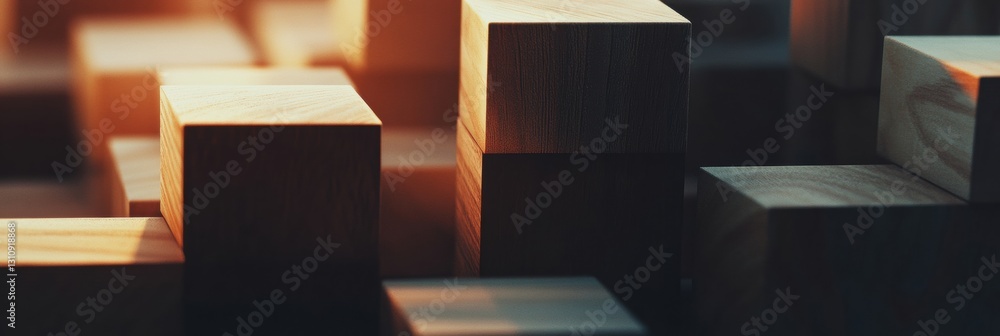 Aufkleber Minimalist Leadership Strategy Modular Wooden Blocks Visualizing Hierarchical Growth and Corporate Innovation in Soft Warm Lighting