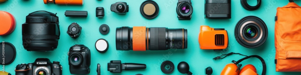 Poster dynamic tech essentials next-gen gear showcase - immersive content creation kit for digital creators