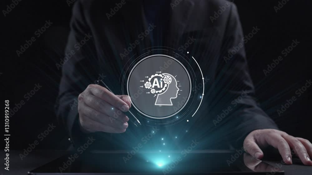Poster human interact with ai artificial intelligence brain processor in concept of ai artificial intellige