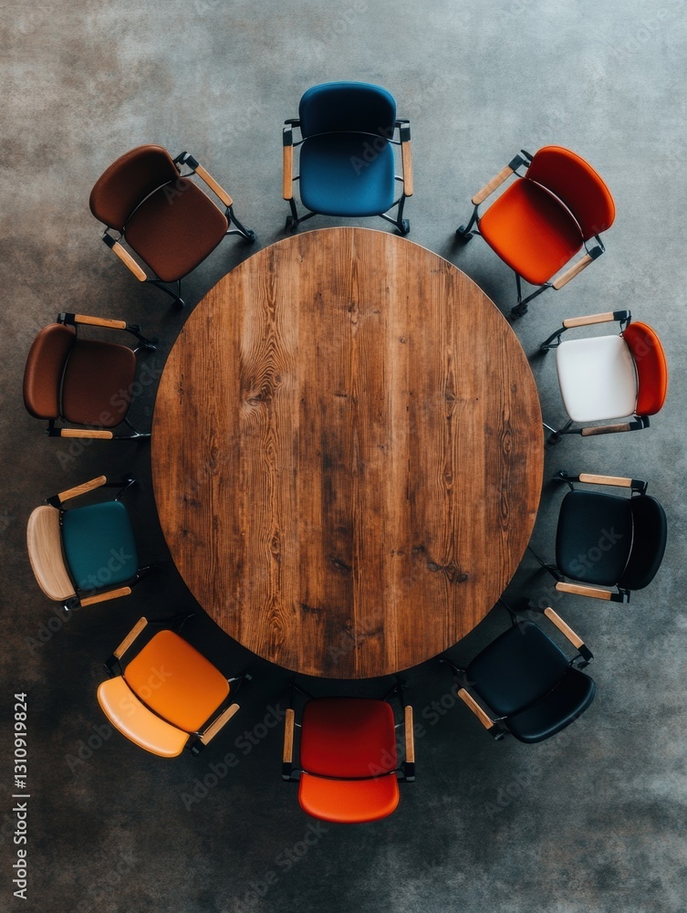 Aufkleber hybrid workspace revolution ergonomic collaborative roundtable with multi-colored design chairs - ne