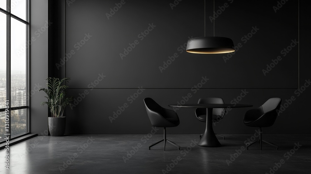Poster this stylish black interior features a spacious, empty room with a sleek round table and minimalist 