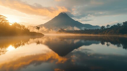 Obraz premium Majestic Sunrise Over Volcanic Lake: A Serene Tropical Paradise