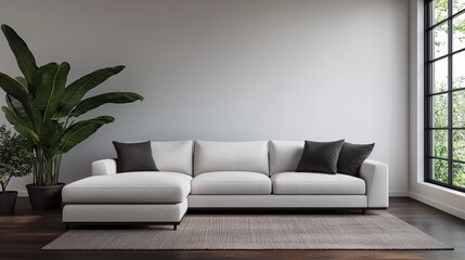 Modern living room concepts, Modern living room featuring a plush gray sofa, decorative cushions, and a large window with greenery.