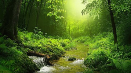 Obraz premium Enchanted Forest Stream: A Serene Escape into Nature's Embrace
