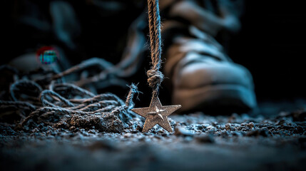 metallic star insignia hangs from rope near military boots, symbolizing strength and honor