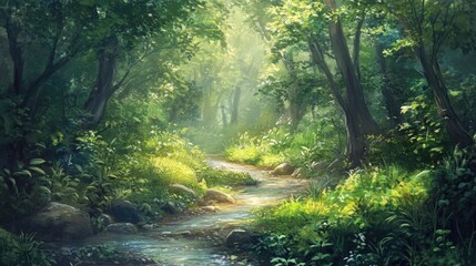 Obraz premium Enchanted Forest Stream: A Serene Digital Painting