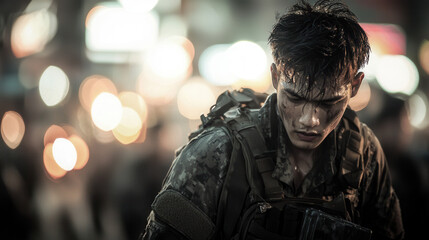 Obraz premium soldier in military uniform, showing determination and resilience, stands amidst blurred, chaotic background filled with lights