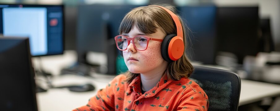 Inclusive classroom collaboration teaching concept. A focused child wearing headphones engages with a computer in a modern classroom setting.