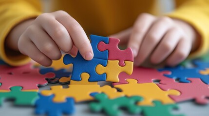 Inclusive classroom collaboration teaching concept. A child's hands piece together a colorful puzzle, showcasing focus and creativity in play.