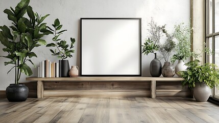 An empty black picture frame mockup, in horizontal orientation, placed on top of a light wooden shelf with books and vases, against the wall in a Japandi-style interior design.
