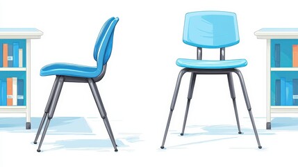 Modern Classroom Illustration  Two Blue Chairs  Bookshelves  Study Space